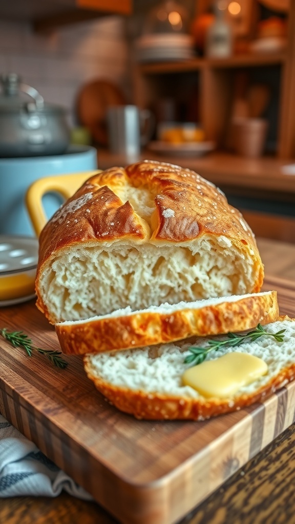 Stovetop Easy Bread Recipe Freshly baked stovetop bread on a wooden board, sliced with butter and herbs.